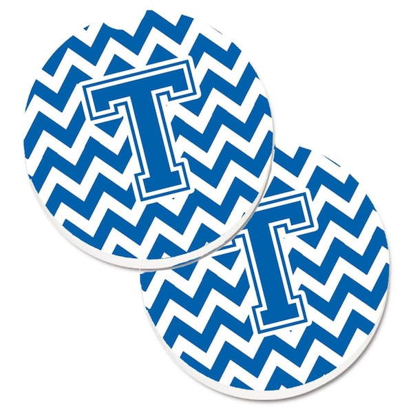Carolines Treasures Letter T Chevron Blue and White Set of 2 Cup Holder Car Coaster CJ1056-TCARC - main